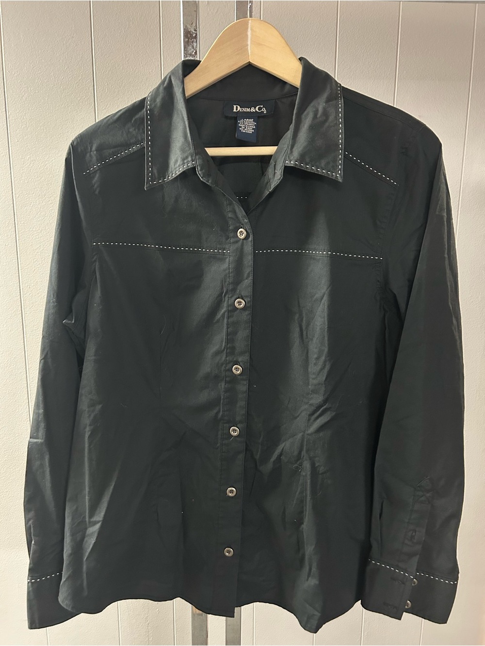 Denim&Co Black Button-Front Western CowboyShirt Jacket Stitch Detail Large